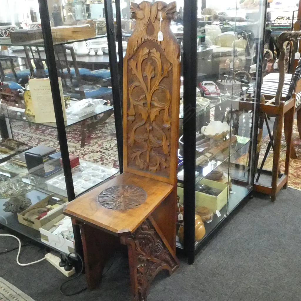 NZ ARTS & CRAFTS CARVED RIMU HIGH BACK CHAIR dogs heads to top of back H.1235mm missing small front rail Image 1++