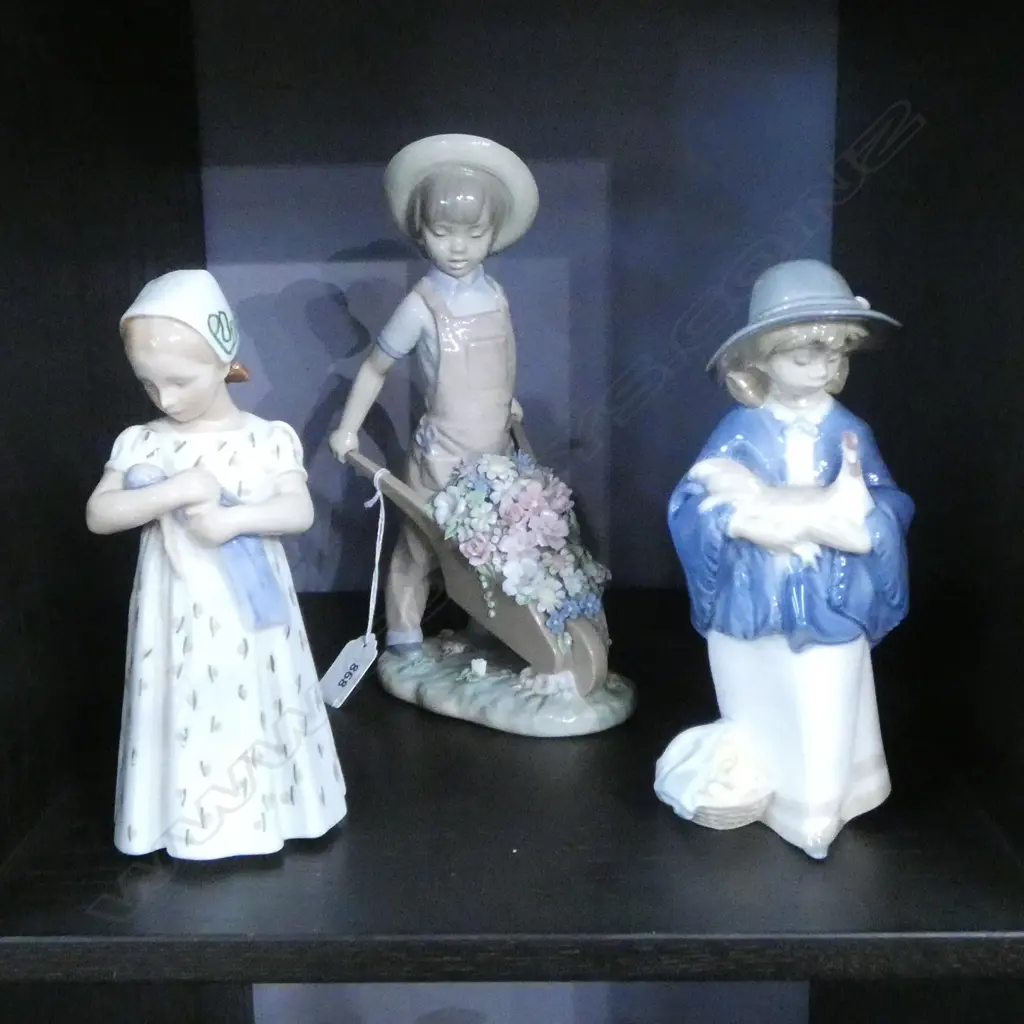 3 FIGURINES; LLADRO BOY w. WHEELBARROW (minor losses) H.245mm, NAO, B&G Image 1++