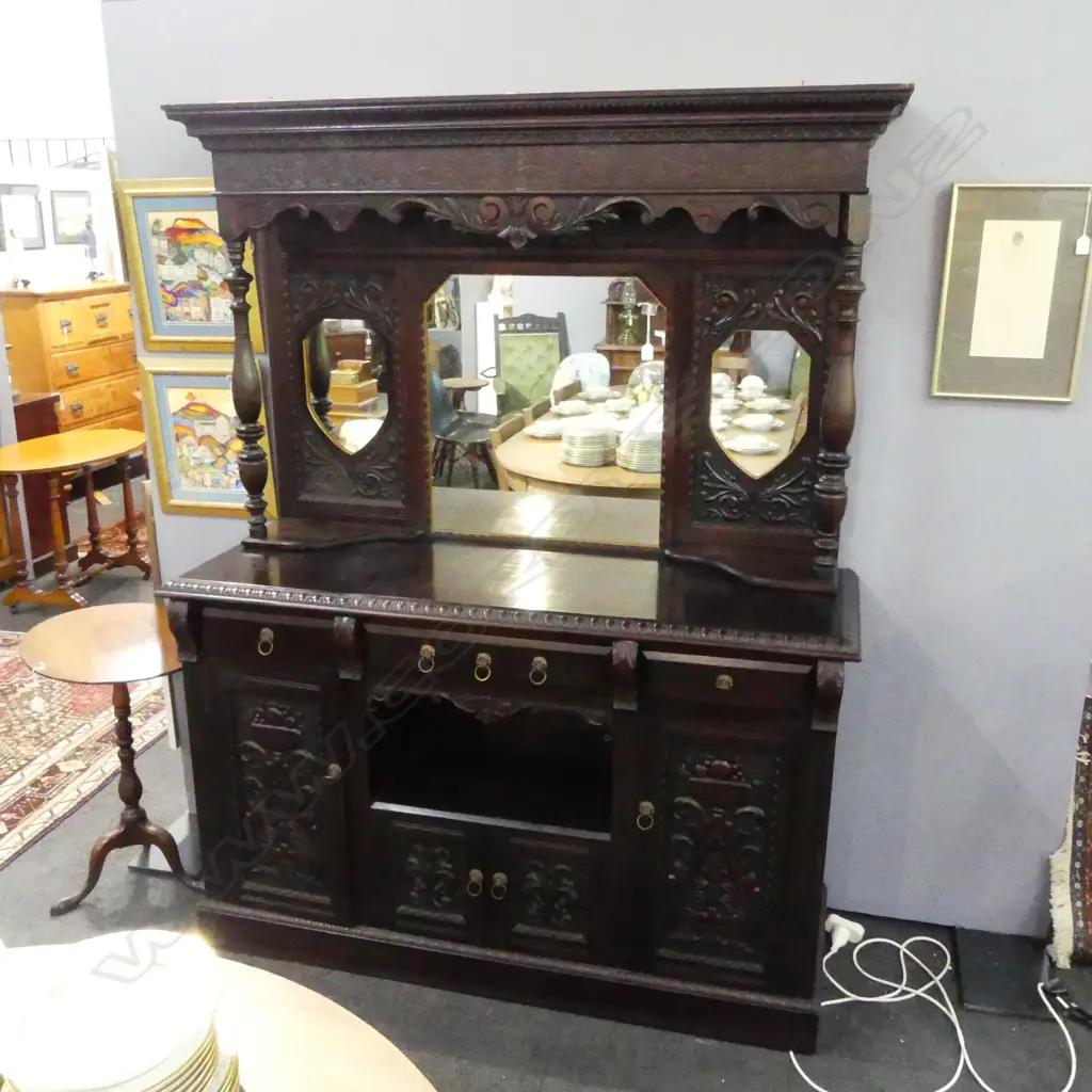 COLONIAL KAURI DARK STAINED MIRROR BACKED SIDEBOARD H1970 W1500 Image 1++