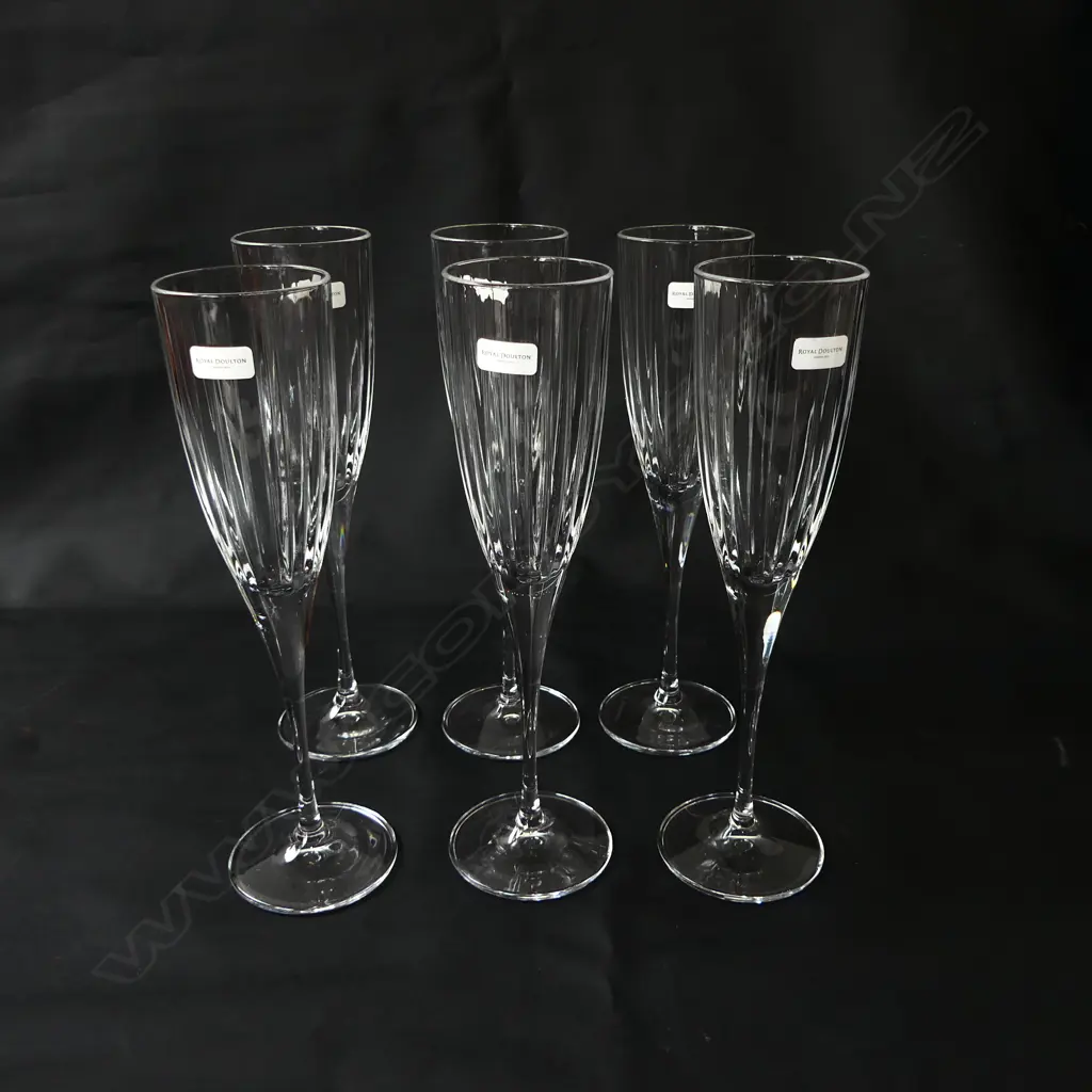 SET 6 ROYAL DOULTON CRYSTAL LINEAR CHAMPAGNE FLUTES As new in box Image 1++