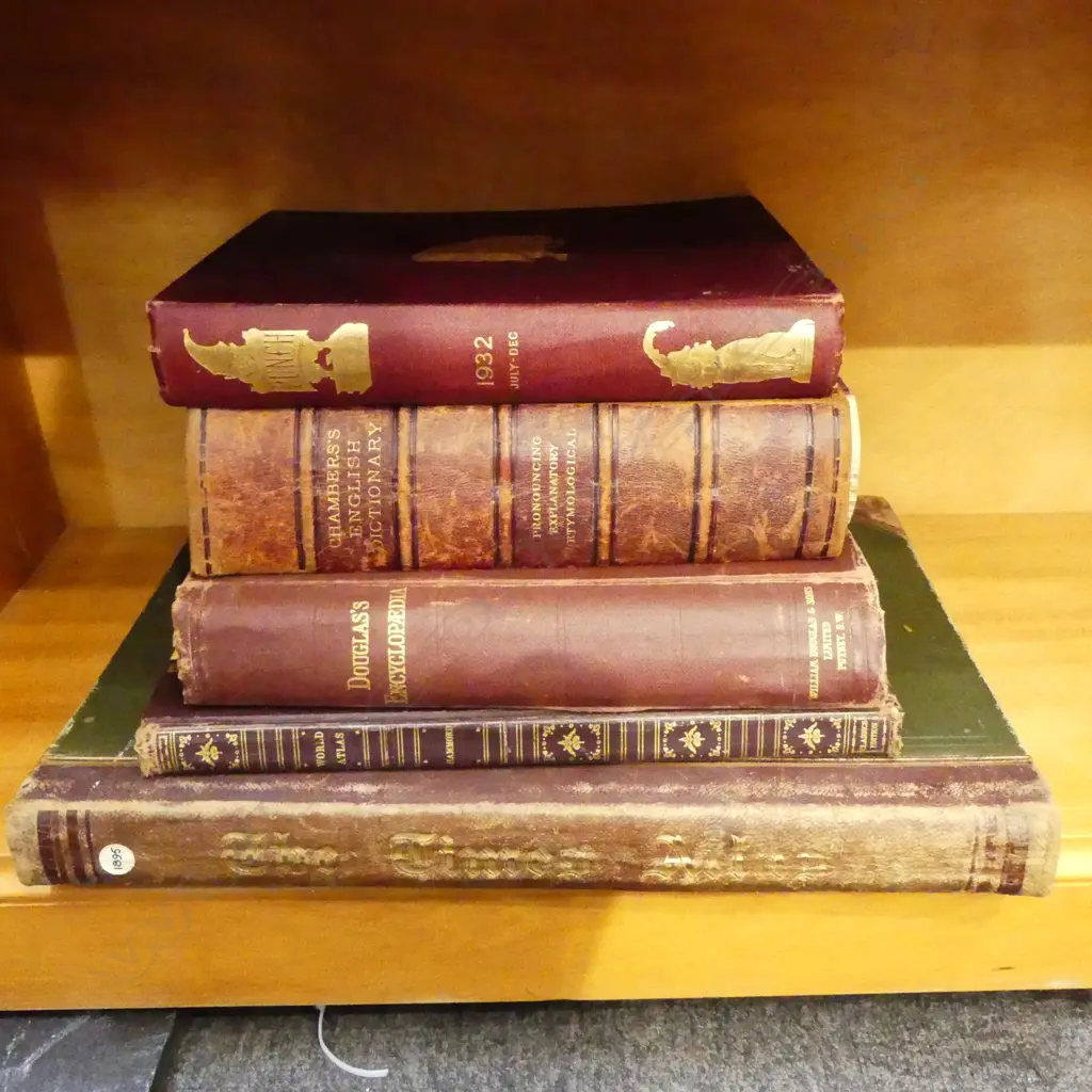 5 LGE OLD DECORATIVELY BOUND BOOK: 1895 THE TIMES ATLAS. PUNCH 1932. DOUGLAS'S ENCYCLOPEDIA ETC Image 1++