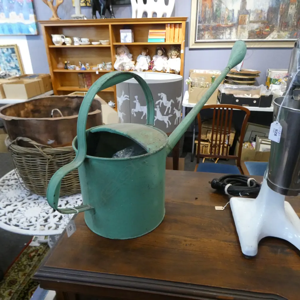 VINTAGE GREEN PAINTED METAL WATERING CAN W.860mm Image 1++
