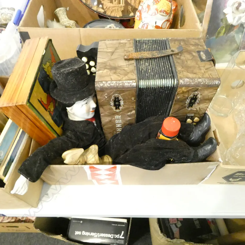 HOHNER ACCORDION, VINTAGE ALPHABET GAME, CHARLIE CHAPLIN DOLL, BOTTLE, 2 RESIN NAPOLEON Image 1++