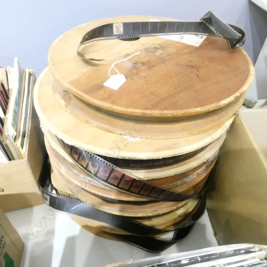 6 VINTAGE WOODEN FILM REELS 'GOOD GUYS WEAR BLACK' Image 1++