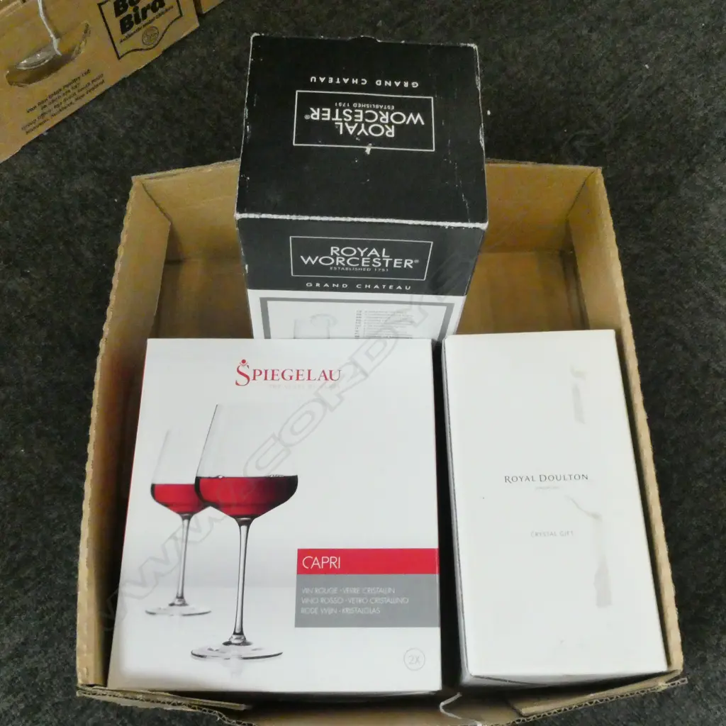 AS NEW 2 SPIEGELAU WINE GLASSES +R/DOULTON CRYSTAL VASE + 4 R/WORCESTER CHAMPAGNE FLUTES all in original boxes Image 1++
