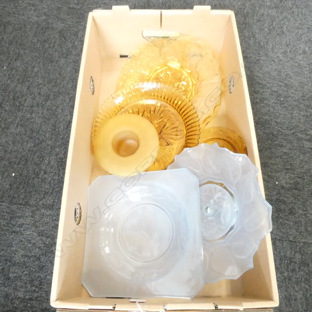 SEVEN BLUE & AMBER DEPRESSION GLASS DISHES & CAKE STAND Image 1++