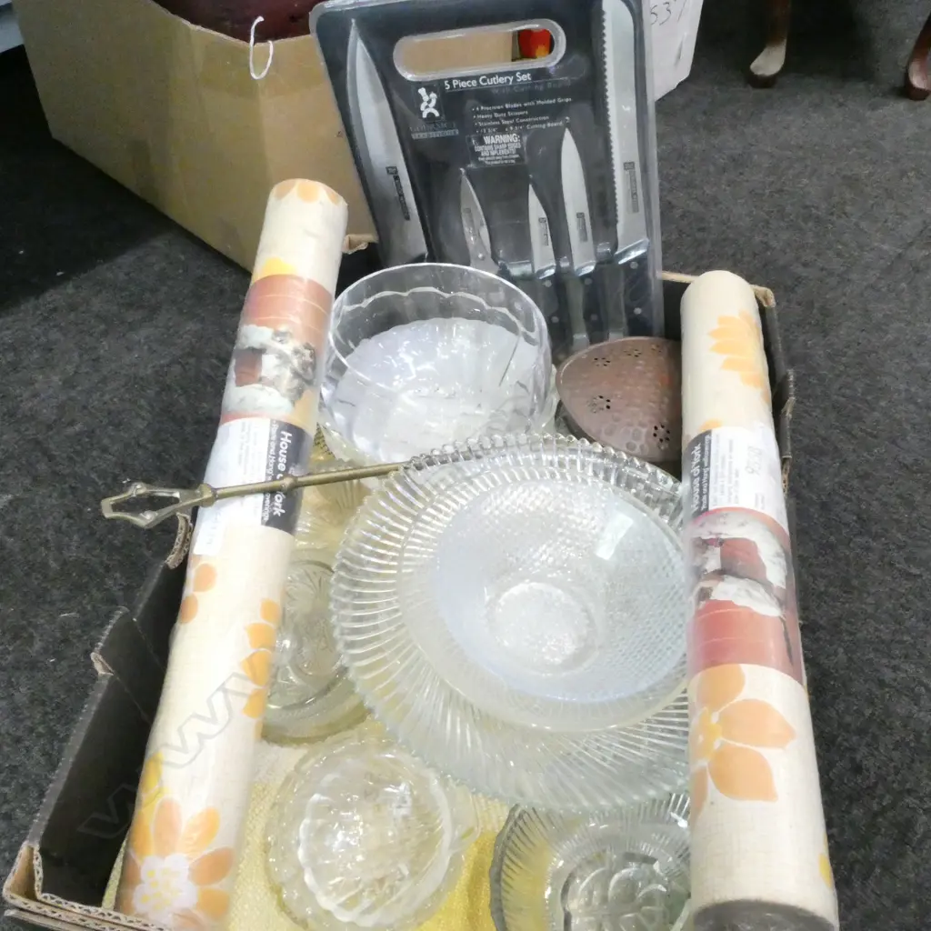 ASST. GLASS BOWLS, YELLOW HANDWOVEN BLANKET, 2 ROLLS WALL PAPER, 5 PCE KNIFE SET ETC Image 1++