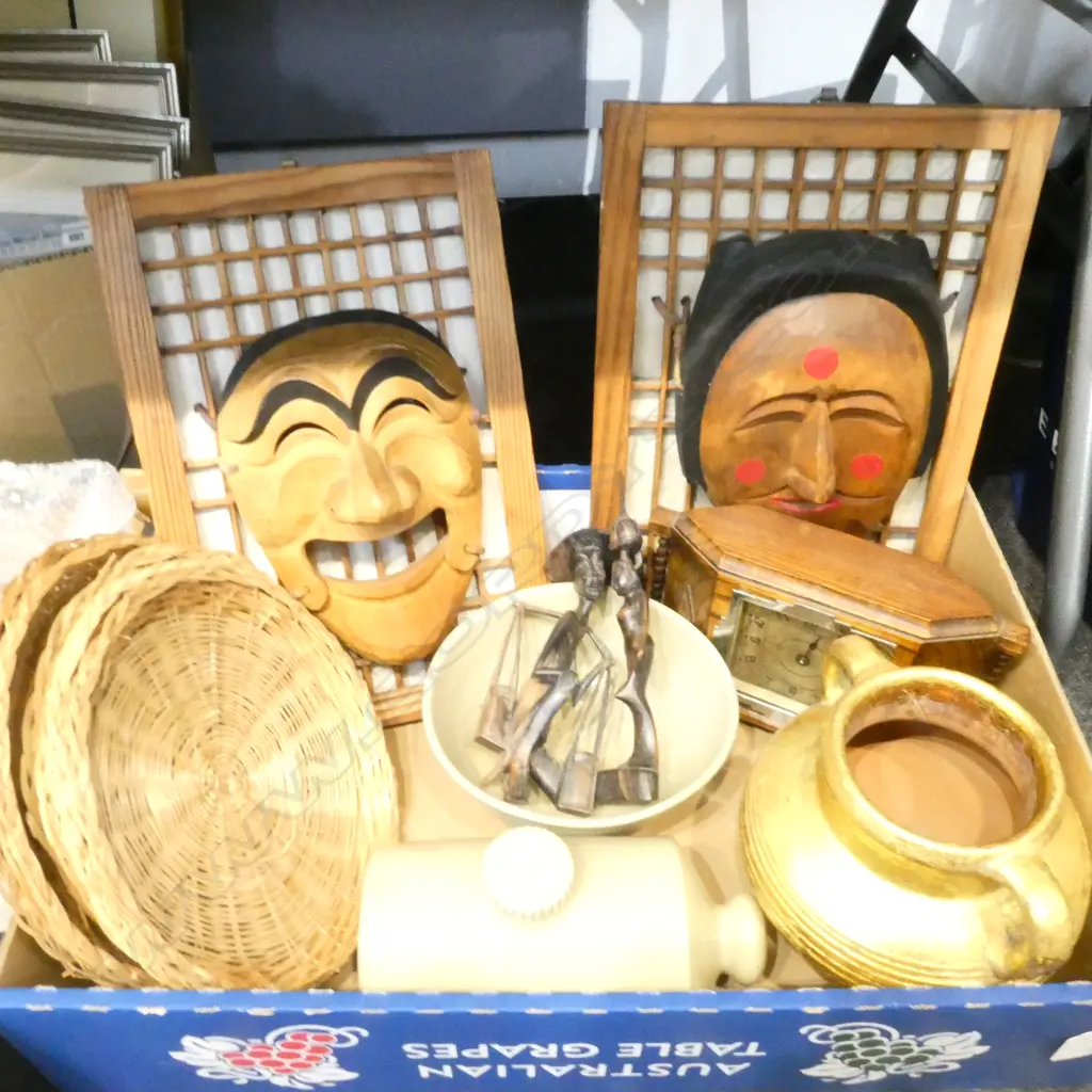 TWO ORIENTAL WALL FACE MASKS, STONEWARE HOT WATER BOTTLE, TERRACOTTA POT, CARVING ETC  Image 1++