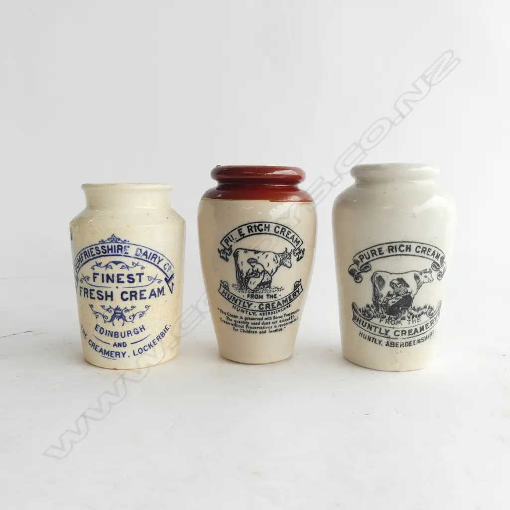 TWO VICTORIAN HUNTLY CREAMERY CREAM POTS & DUMFRIESSHIRE DAIRY CREAM POT Image 1++