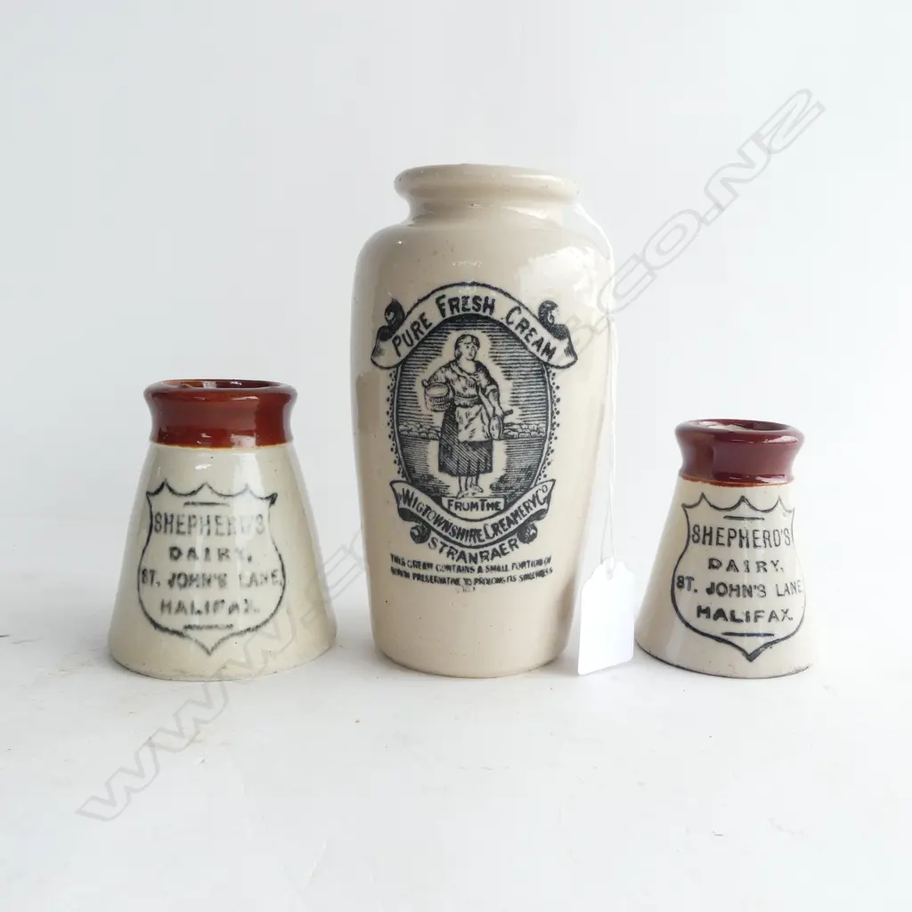 TWO VICTORIAN SHEPHERDS CREAM POTS & WIGTOWNSHIRE CREAMERY POT Image 1++