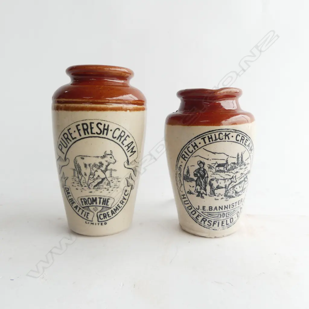 TWO VICTORIAN CREAM POTS DALBEATTIE CREAMERY & HUDDERSFIELD DAIRIES Image 1++
