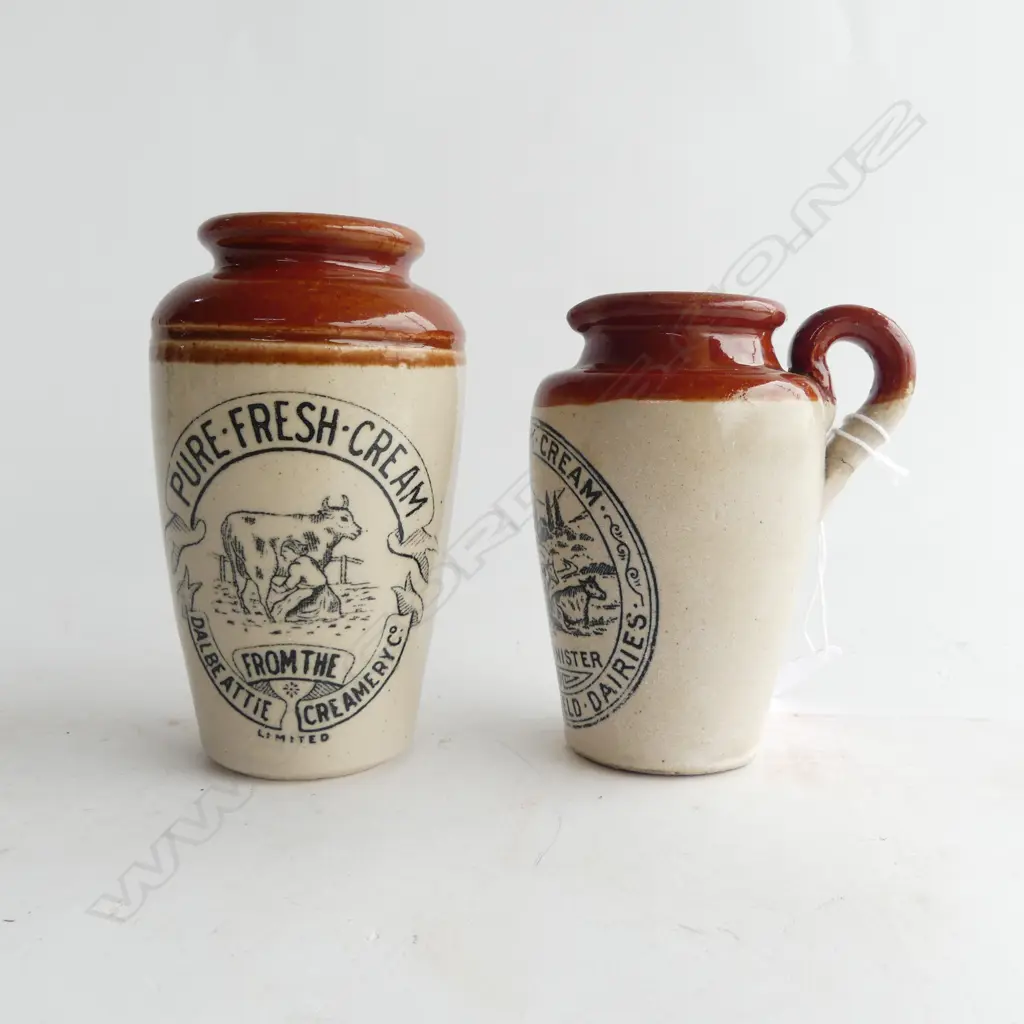 TWO VICTORIAN CREAM POTS DALBEATTIE CREAMERY & HUDDERSFIELD DAIRIES Image 1++
