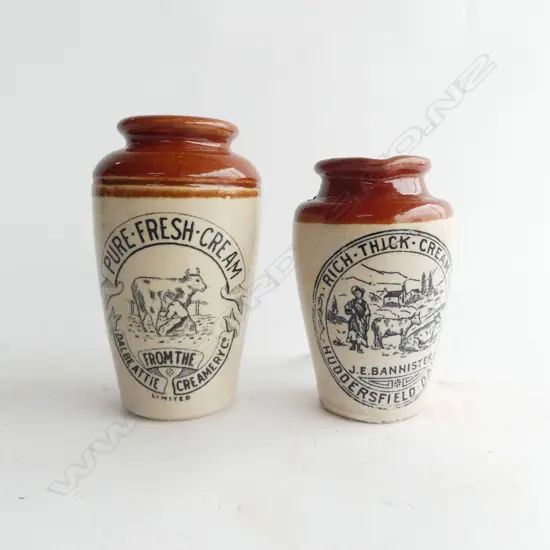 TWO VICTORIAN CREAM POTS DALBEATTIE CREAMERY & HUDDERSFIELD DAIRIES