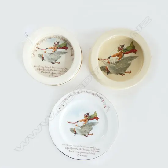 TWO MOTHER GOOSE BABY BOWLS AND A PLATE