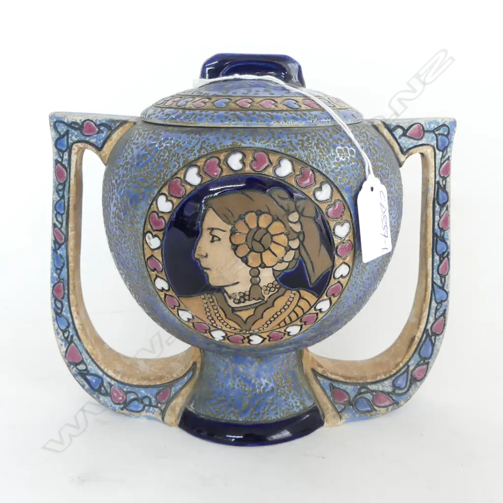 CZECHOSLOVAKIA AMPHORA POTTERY TWIN HANDLE LIDDED LOVING CUP portrait & heart decoration. H.190mm. Image 1++