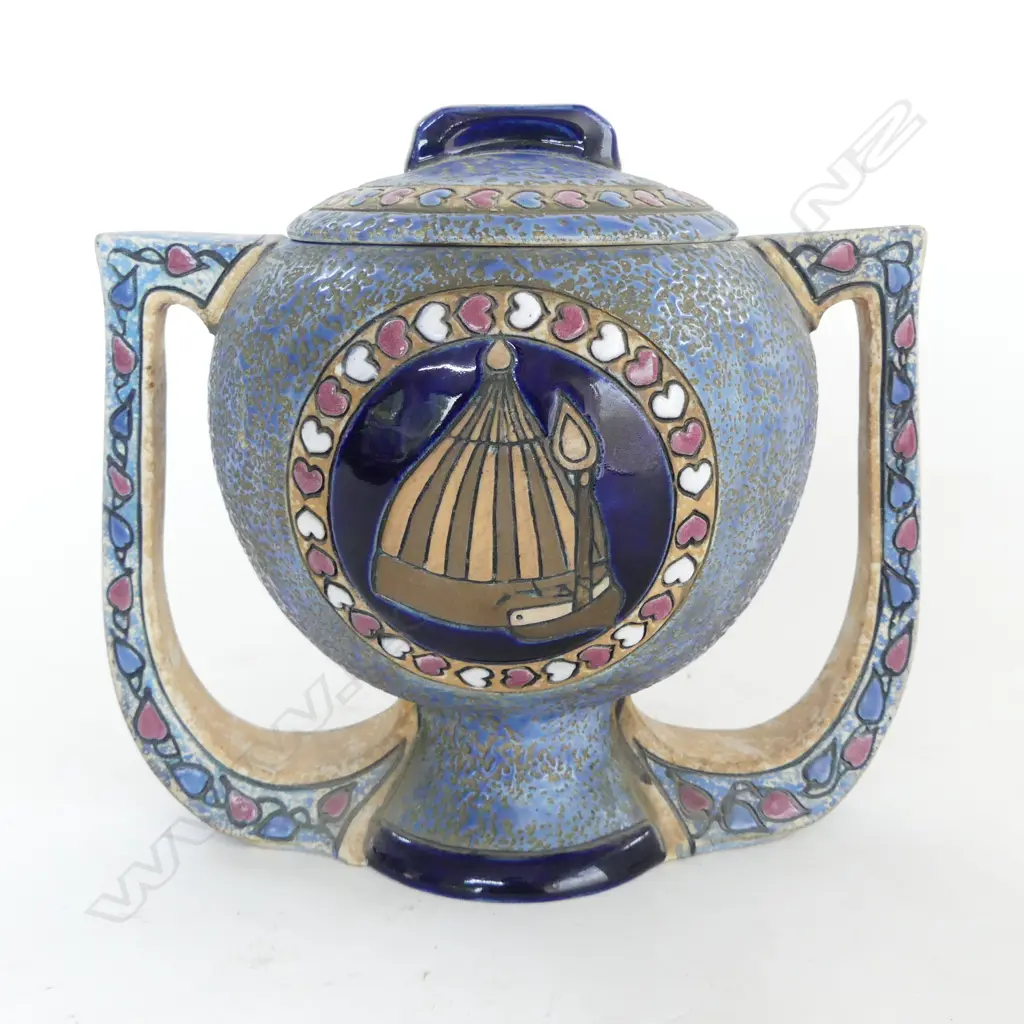 CZECHOSLOVAKIA AMPHORA POTTERY TWIN HANDLE LIDDED LOVING CUP portrait & heart decoration. H.190mm. Image 1++