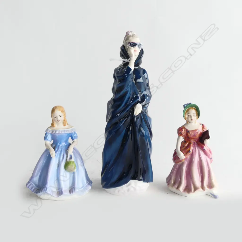 3 FIGURINES; 2 ROYAL ADDERLEY 'SCHOOL TIME' & 'ELIZABETH' + ROYAL DOULTON 'MASQUE' H.220mm Image 1++