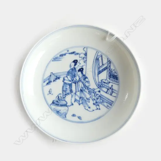 Chinese porcelain Blue and White Painted Dish ladies-educating-children pattern Qing Dynasty Kangxi Mark Dia.147mm