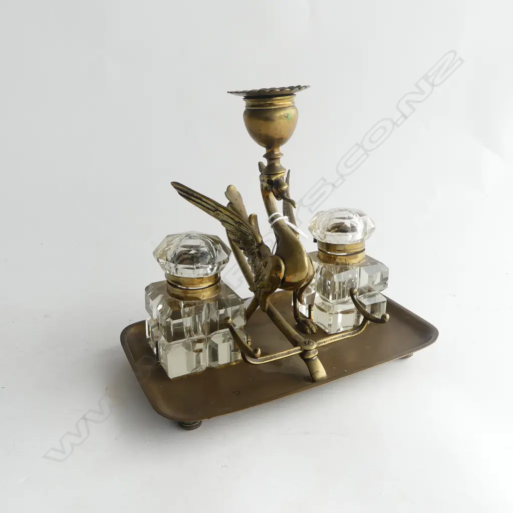 VICTORIAN BRASS DRAGON BIRD INKWELL TWIN CUBE CUT GLASS INKWELLS. L.200mm w candle sconce Image 1++