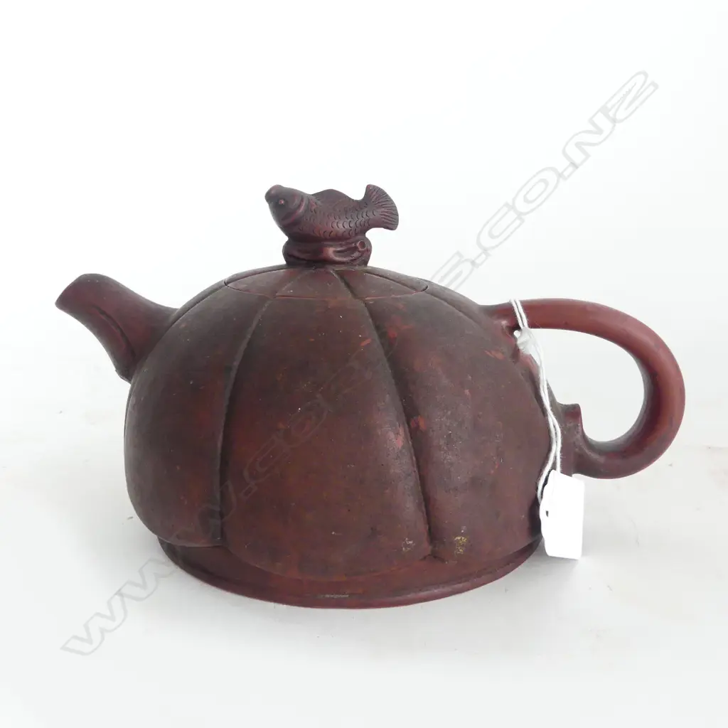 VINTAGE YIXING TEAPOT melon form body w fish finial to the lid. Character marks to base. L.210mm Image 1++