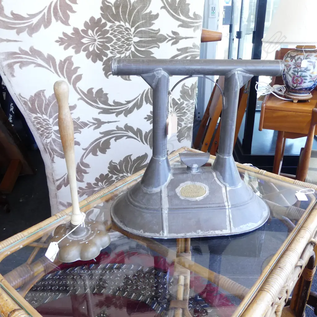 (1088/1126) ANTIQUE 1885 TIN 'THE PERFECT CLOTHES WASHER' H.380 & STANLEY HOME PRODUCTS UNDE' WASHER H.350mm Image 1++