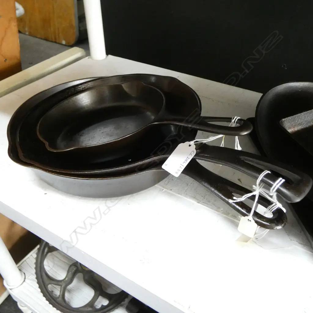 1754/3729/1755  3 GRADUATED CAST IRON FRY PANS DIA 245 LARGEST Image 1++