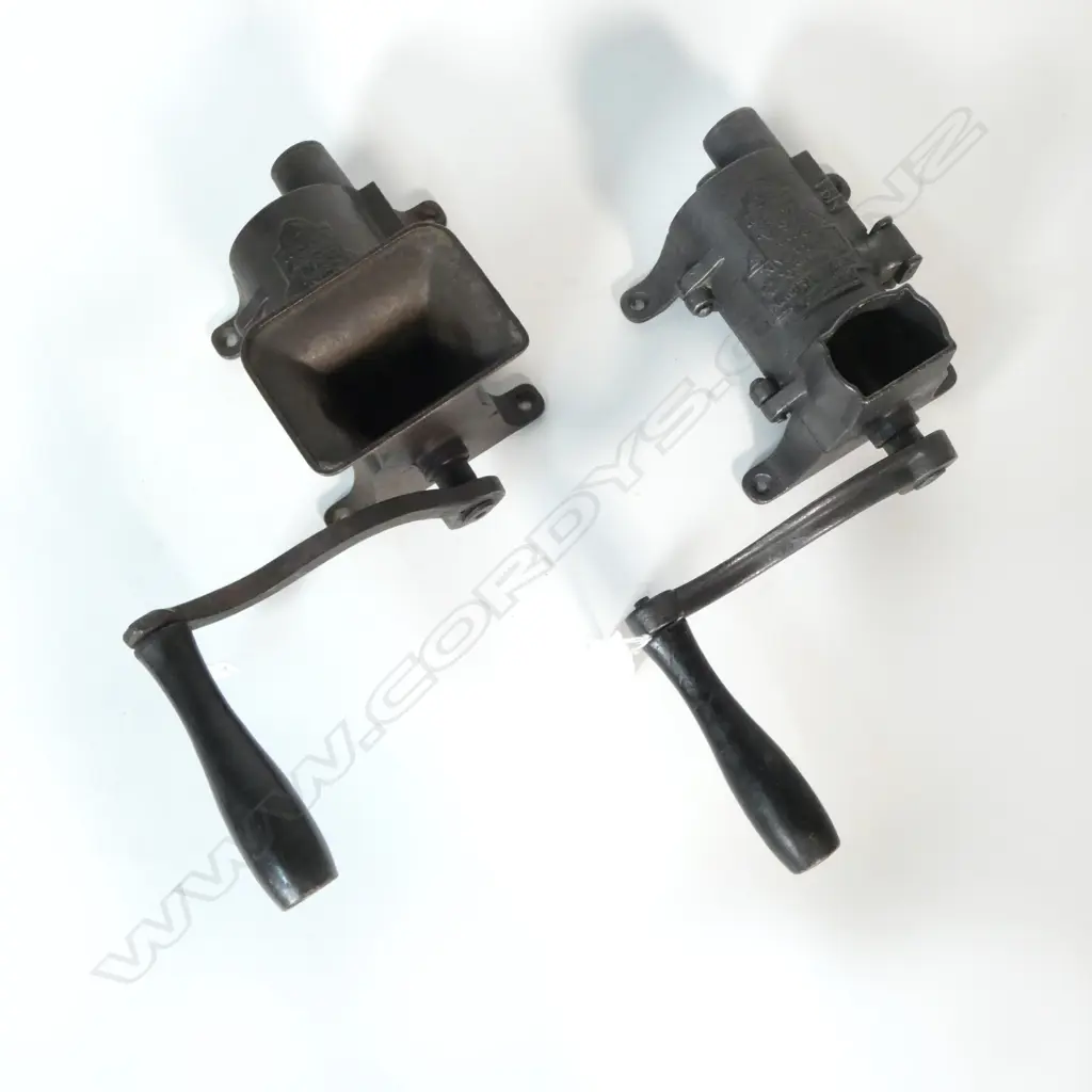 (1554/3500) 2 ANTIQUE CAST IRON RUSSELL & ERWIN SAUSAGE STUFFERS/MEAT MINCERS (1 MISSING TOP FUNNEL PIECE) L.280mm Image 1++