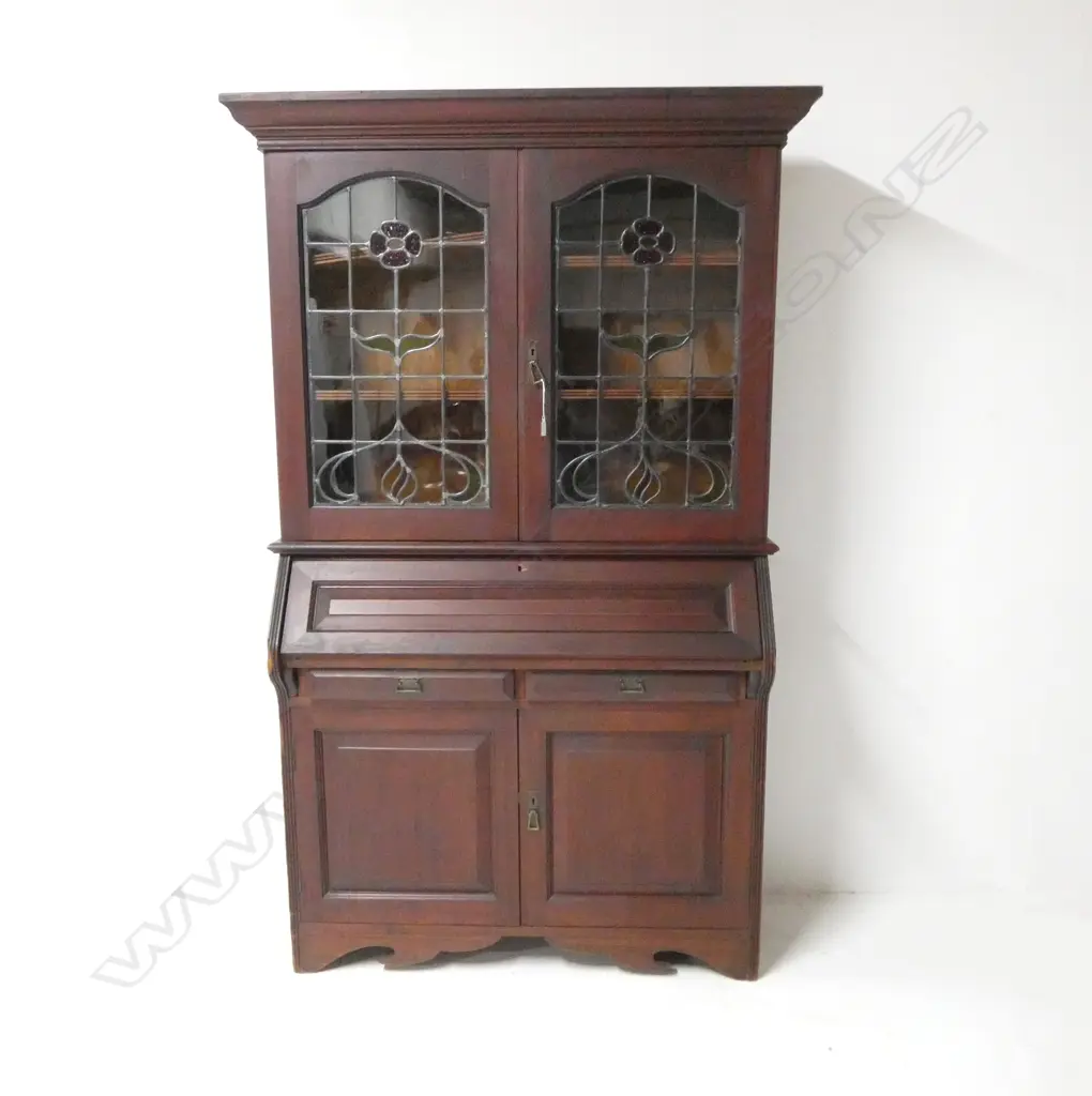 MAHOGANY LEADLIGHT BOOKCASE SECRATAIR H1900 L1090 Image 1++