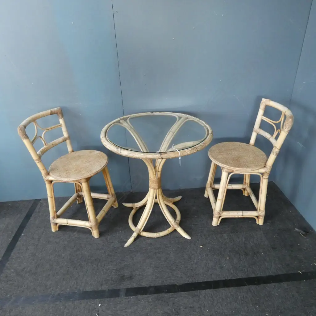 CANE TABLE, GLASS TOP 630mm dia + PR CHAIRS Image 1++