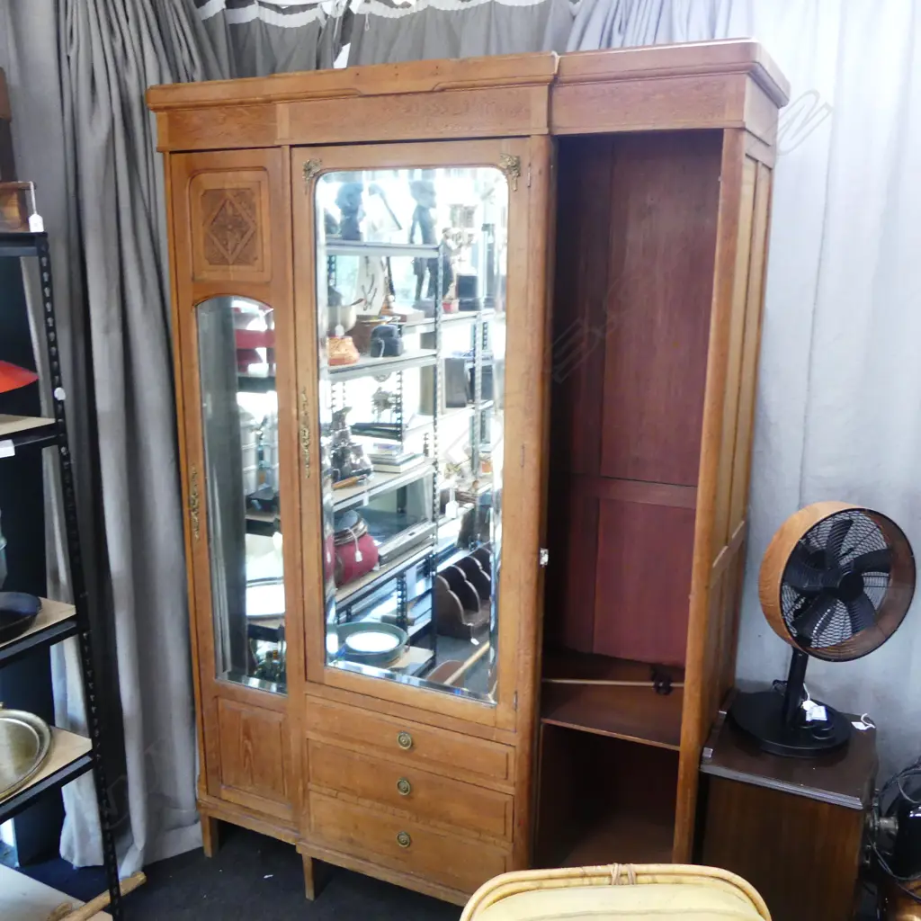 FRENCH EARLY 20thC OAK MIRRORED WARDROBE 1500x550x2180mm (DOOR DAMAGED) Image 1++