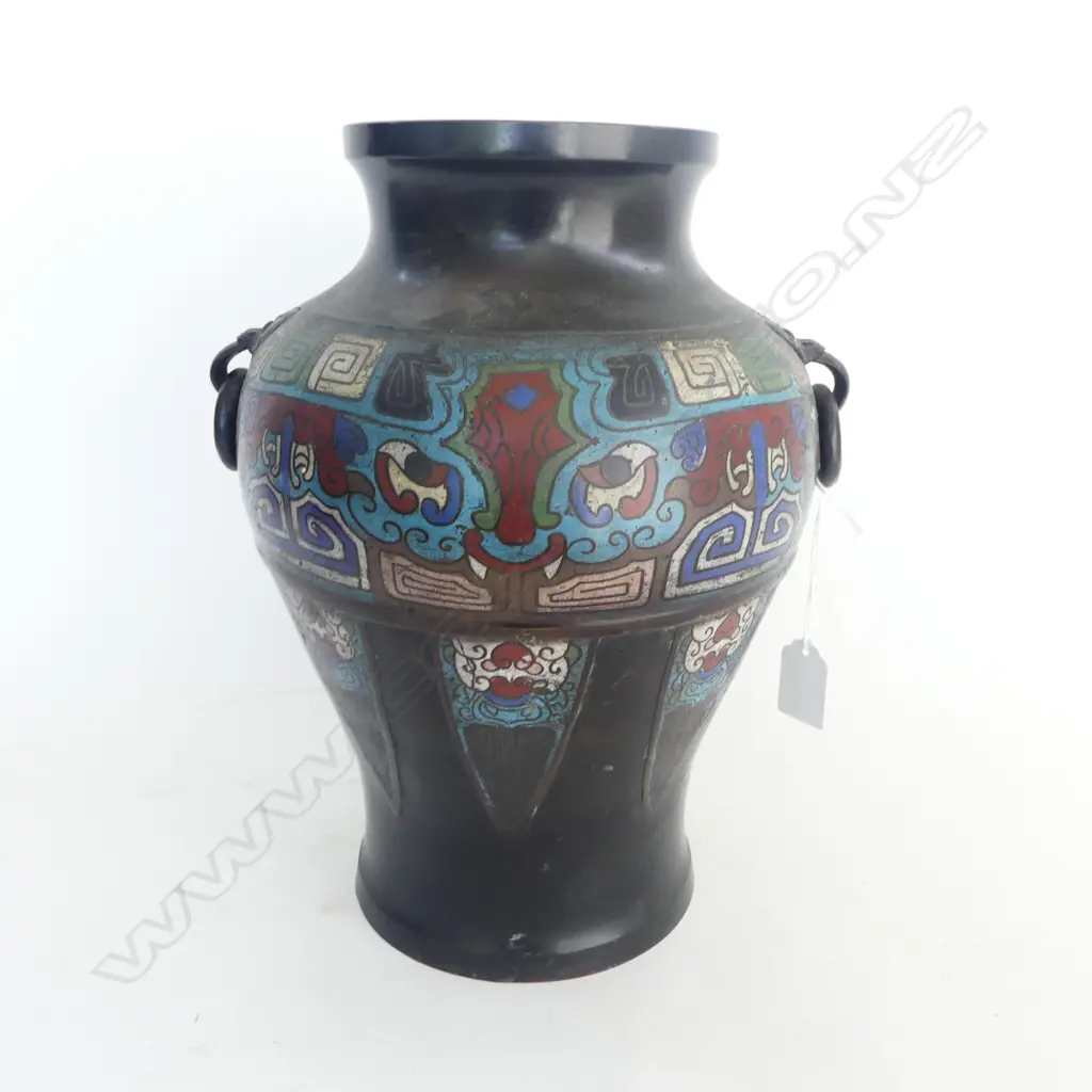 ORIENTAL CHAMPLEVE ENAMEL LARGE BRONZE VASE mask captured ring handles H.305mm Image 1++