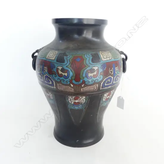ORIENTAL CHAMPLEVE ENAMEL LARGE BRONZE VASE mask captured ring handles H.305mm
