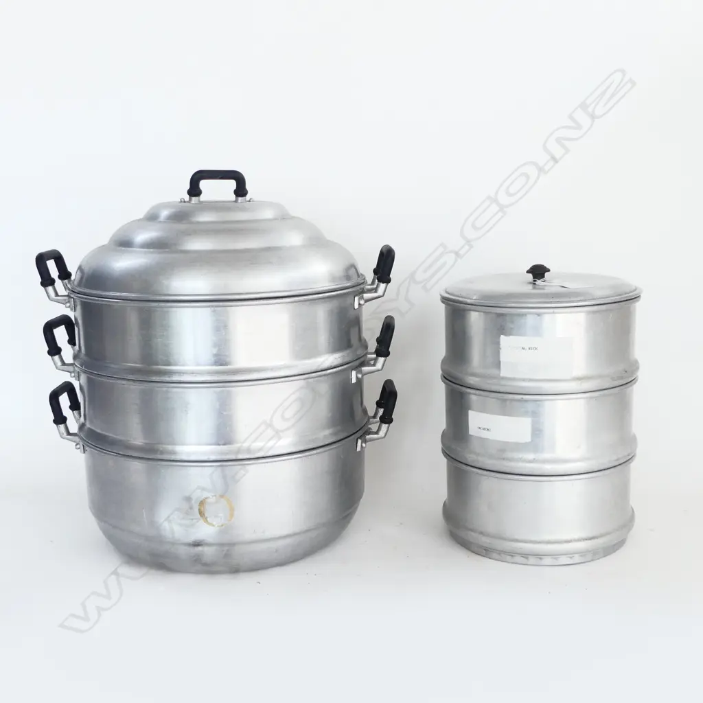 VINTAGE 'VULCAN' 3 TIER ALUMINIUM KITCHEN STORAGE JAR H.290mm + LG 3 PART STEAMER H.380mm Image 1++