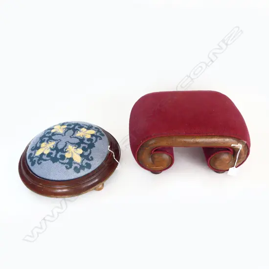 2 VINTAGE TAPESTRY BUN FOOTSTOOLS RED L360 BLUE L310MM