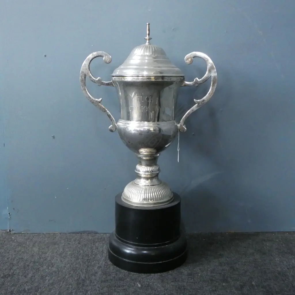 LG LIDDED SILVER PLATE TROPHY 'F#%K CURIOSITY' H.675mm Image 1++