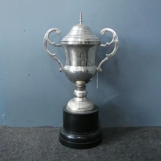 LG LIDDED SILVER PLATE TROPHY 'F#%K CURIOSITY' H.675mm