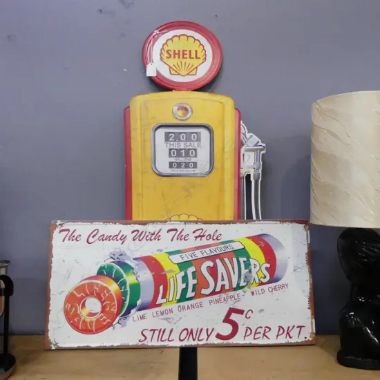 2 MODERN METAL SIGNS; LIFESAVERS 285x605mm & SHELL GASOLINE H.800mm