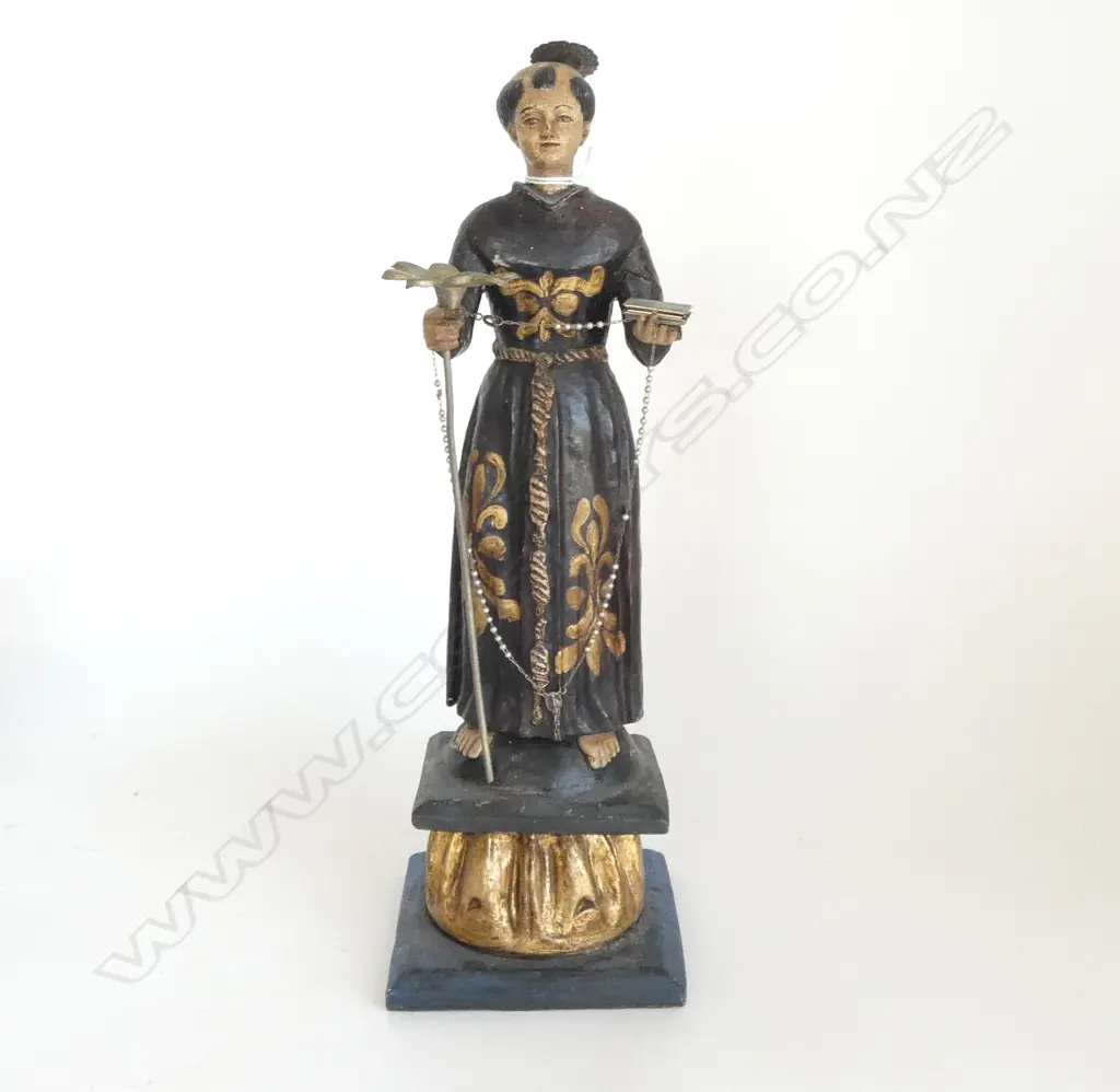 SOUTH AMERICAN RELIGOUS FIGURE on stand carved & painted wood H.380mm Image 1++