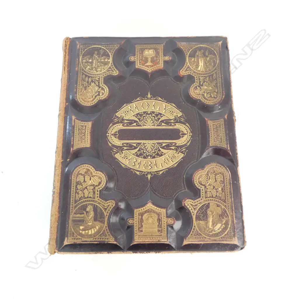 1879 DECORATIVE LEATHER & GILT BOUND 'COMPLETE DOMESTIC BIBLE' 320 x 270mm Image 1++