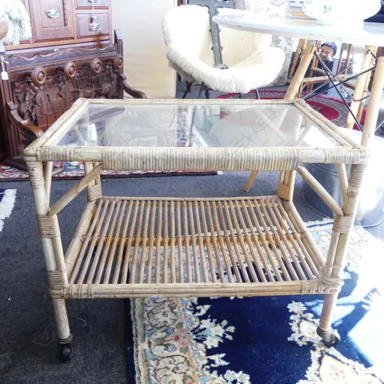 CANE SIDE TABLE ON WHEELS; W.670mm