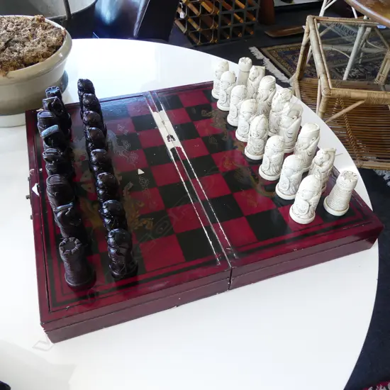  1980S VINTAGE CHINESE LAQUER CHESS SET USED CONDITION L440MM