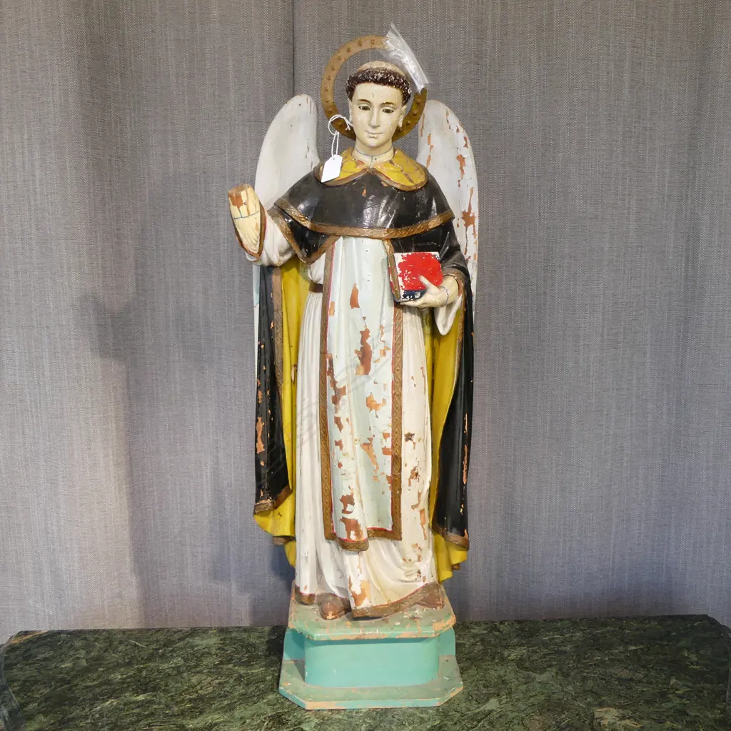 DISTRESSED VINTAGE PAINTED WOODEN RELIGIOUS STATUE DEPICTING SAINT VINCENT FERRER H.750mm (HAND MISSING) Image 1++