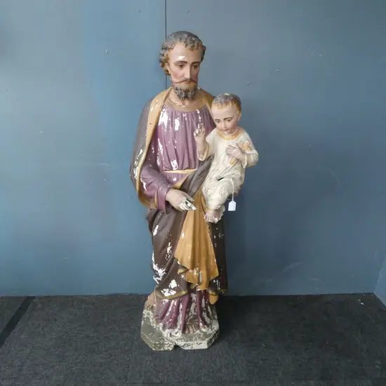 DISTRESSED VINTAGE PLASTER ICON OF JOSEPH AND THE BABY JESUS; Aprox. H.1280mm