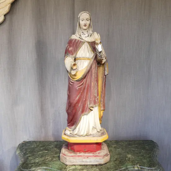 **RTV** DISTRESSED VINTAGE PAINTED WOODEN RELIGIOUS STATUE DEPICTING ANNE H.910mm (HAND MISSING)