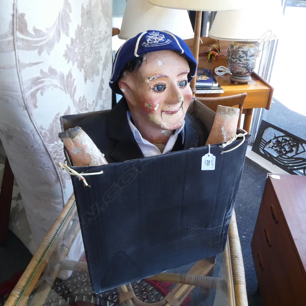 VERY OLD WORKING VENTRILOQUISTS DUMMY WITH CLOTHING, HANDS, SOME PAINT LOSS. H.470mm Image 1++