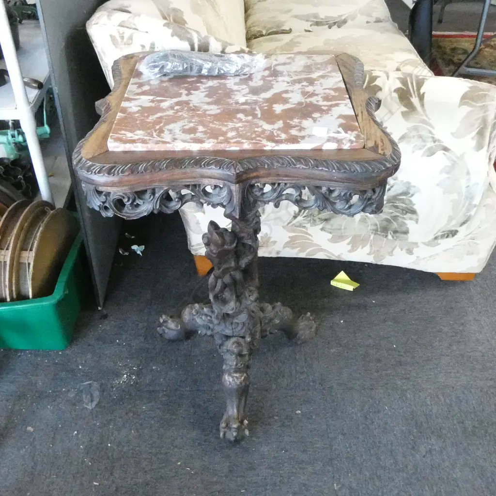 ORIENTAL HARDWOOD TABLE w. INSET MARBLE TOP H.820mm FAULTS Image 1++