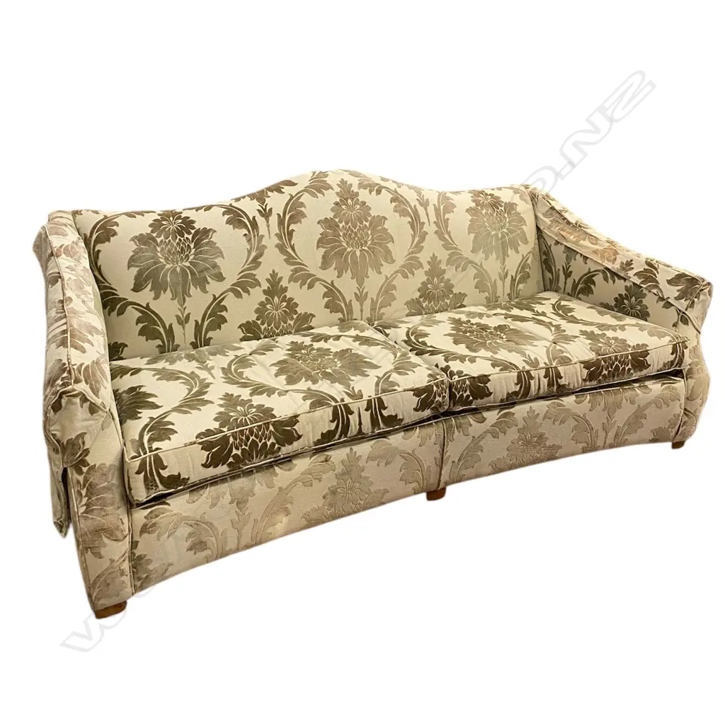 DURESTA DESIGNER THREE-SEATER SOFA, BEIGE/GOLD DAMASK FABRIC, ANTIQUED-GILT SILVER FRAME (SOME FADING) Image 1++