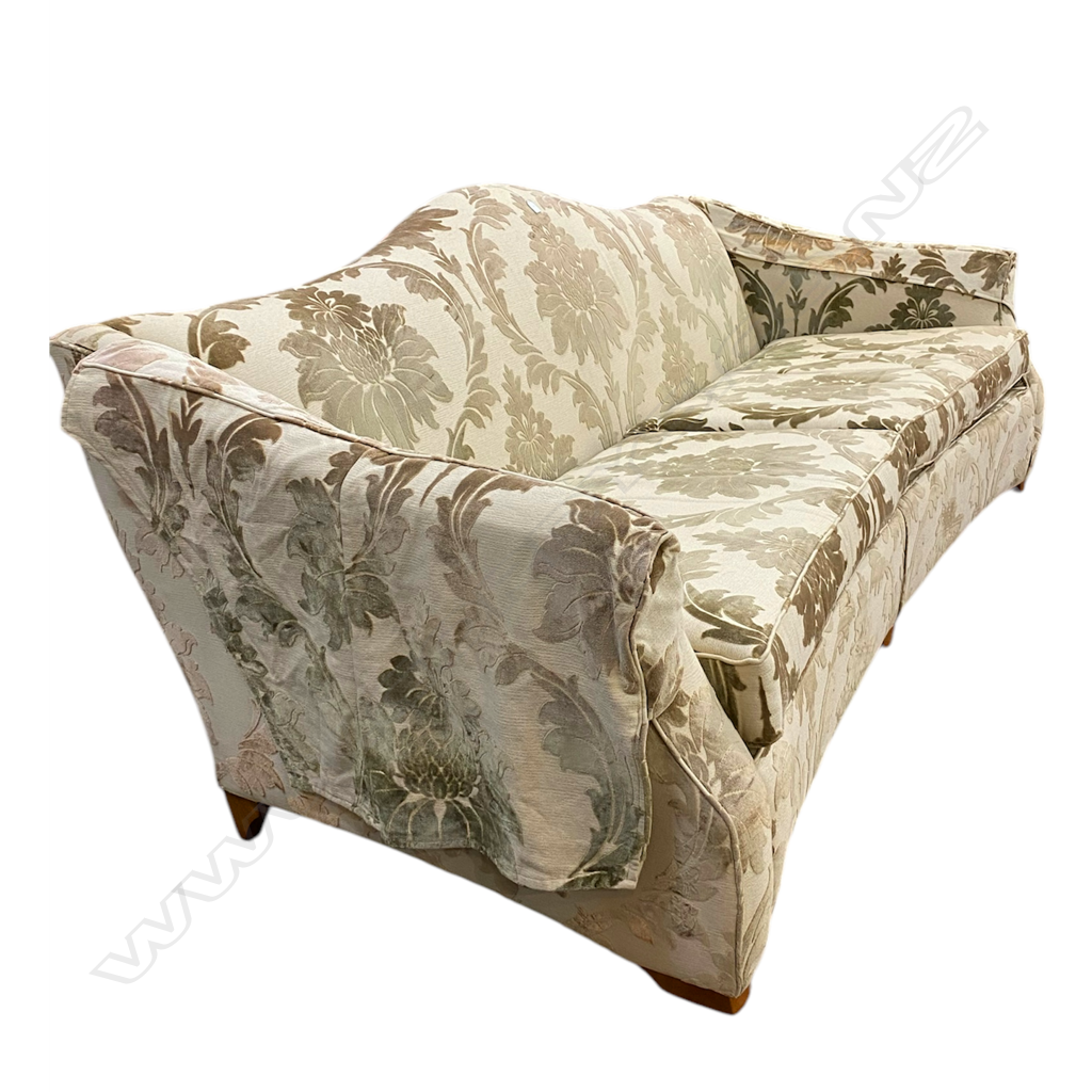 DURESTA DESIGNER THREE-SEATER SOFA, BEIGE/GOLD DAMASK FABRIC, ANTIQUED-GILT SILVER FRAME (SOME FADING) Image 1++