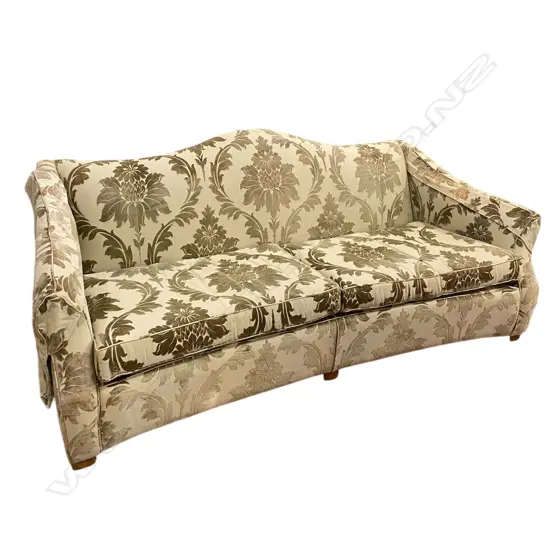 DURESTA DESIGNER THREE-SEATER SOFA, BEIGE/GOLD DAMASK FABRIC, ANTIQUED-GILT SILVER FRAME (SOME FADING)