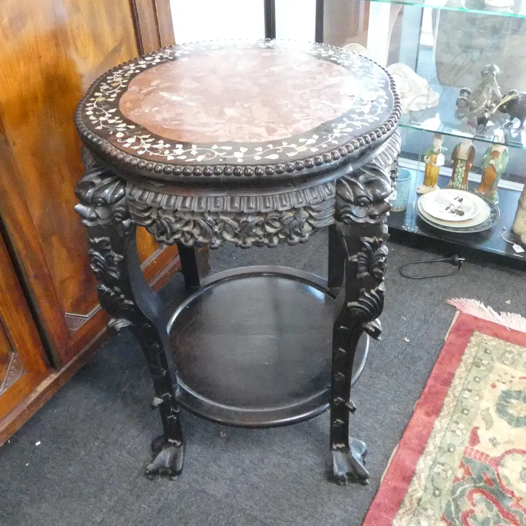 ORIENTAL HARDWOOD TABLE w. MoP INLAY (losses) & MARBLE TOP H.810mm Image 1++